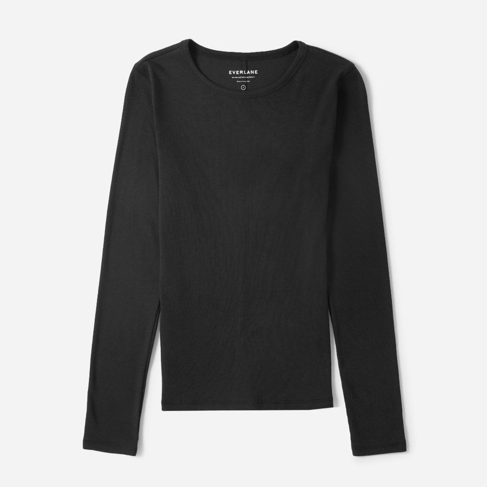 Everlane Pima Micro-Rib Long-Sleeve Tee in Black